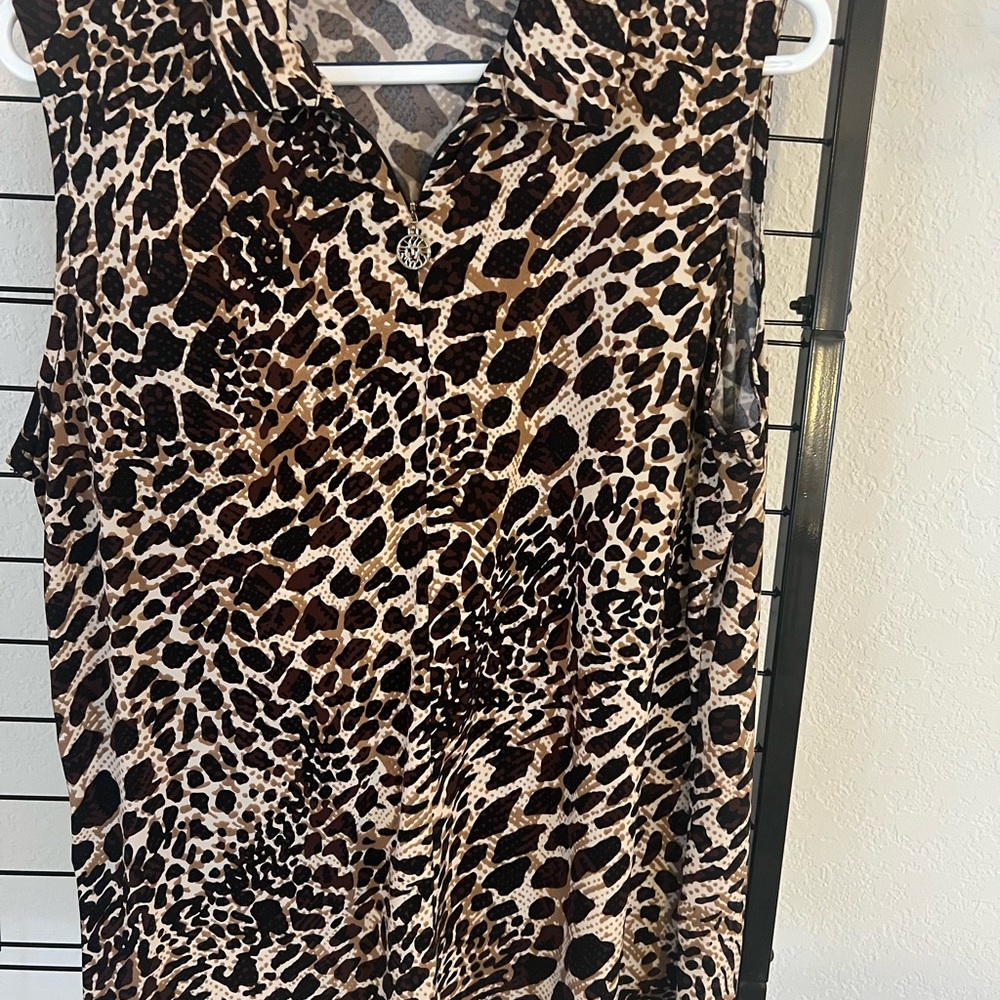 Anne Klein Brown and Black Leopard Print Sleeveless Blouse